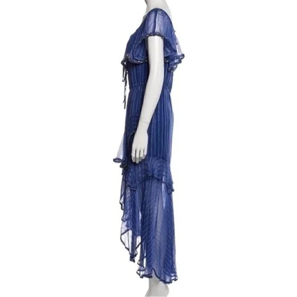 Misa Los Angeles Dress Blue Gold Medium Ambrosia Ruffle Hem Boho Festival NEW - Picture 9 of 16